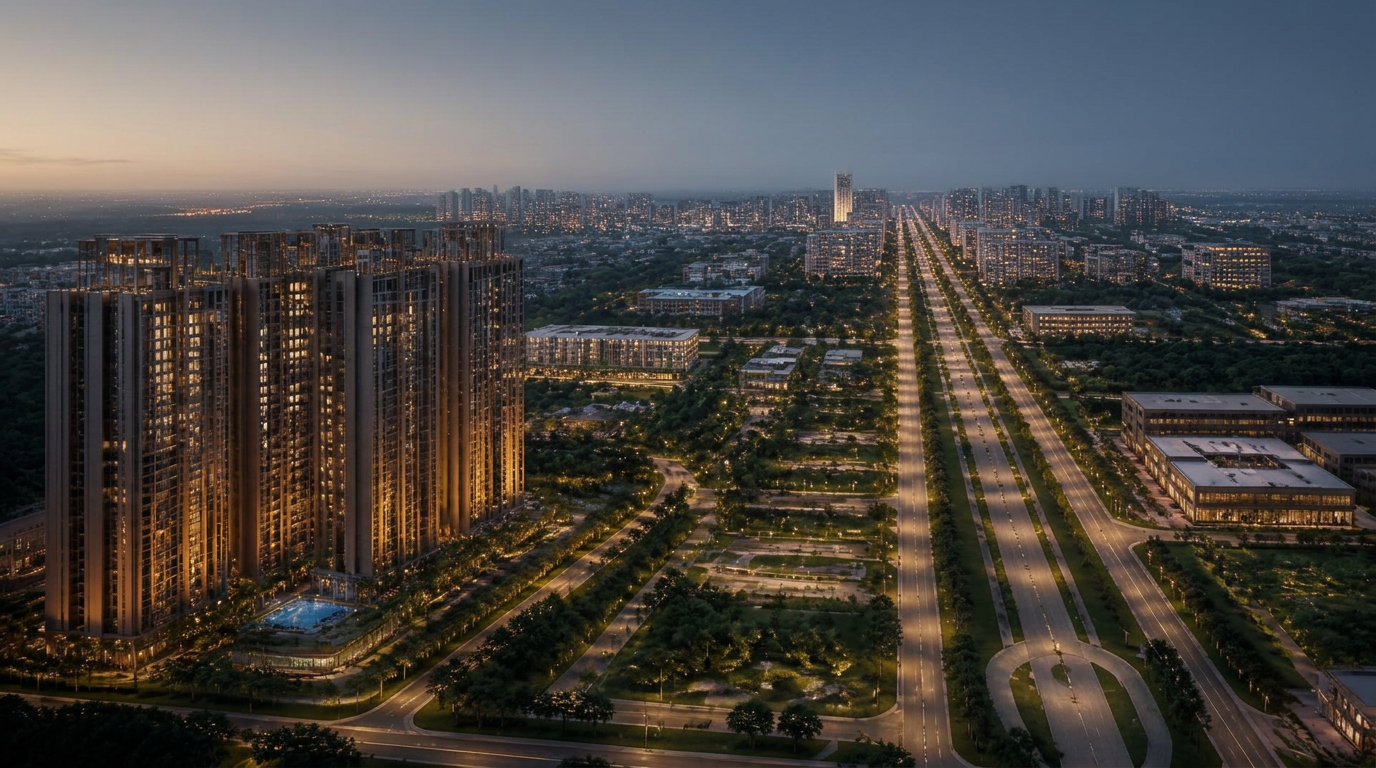 Vision of a master-planned Indian smart city at dusk